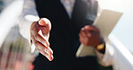 Business person, meeting and handshake with introduction for welcome, hiring or recruiting in city. Closeup, employee or recruiter shaking hands with gesture for career opportunity or offer in town