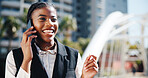 Business woman, phone call and smile in city with networking, contact and good news on commute. African person, smartphone and discussion in town with deal, job opportunity and happy in Nigeria