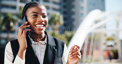 Buy stock photo Business woman, phone call and smile in city with networking, contact and good news on commute. African person, smartphone and discussion in town with deal, job opportunity and happy in Nigeria