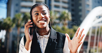 Buy stock photo Business woman, phone call and happy in city with networking, notification and good news on commute. African person, smartphone and discussion in town with deal, job opportunity and surprise in Kenya