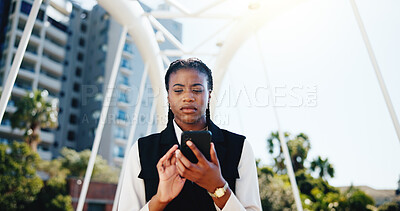 Buy stock photo Confused, phone and black woman in city for networking, communication or email for finance proposal. Cellphone, contact and African female financial advisor with investment mistake in urban town.