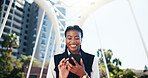 Phone, contact and black woman in city for communication, email or business networking outdoor. Happy, cellphone and African financial advisor with investment proposal for online client in urban town