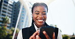 Cellphone, contact and black woman in city for communication, email or business networking outdoor. Happy, phone and African financial advisor with investment proposal for online client in urban town