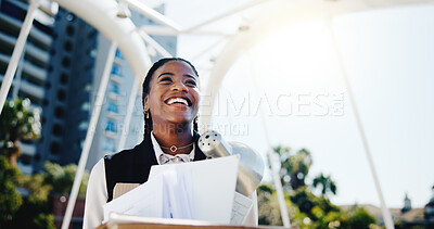Buy stock photo Happy, black woman or box with new career in city for job opportunity, travel or migration. Female person, unemployment and smile with work equipment for change, growth or beginning in an urban town