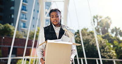 Buy stock photo Job loss, box and business woman upset outdoor for retrenchment, bankruptcy or office closure. Black person, walking and disappointed about dismissal, fired and resignation or liquidation of company 