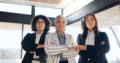 Buy stock photo Portrait, business and serious women in office for career pride, about us and real estate agent. Below, people and realtor team with leadership for property development, staff confidence and viewing