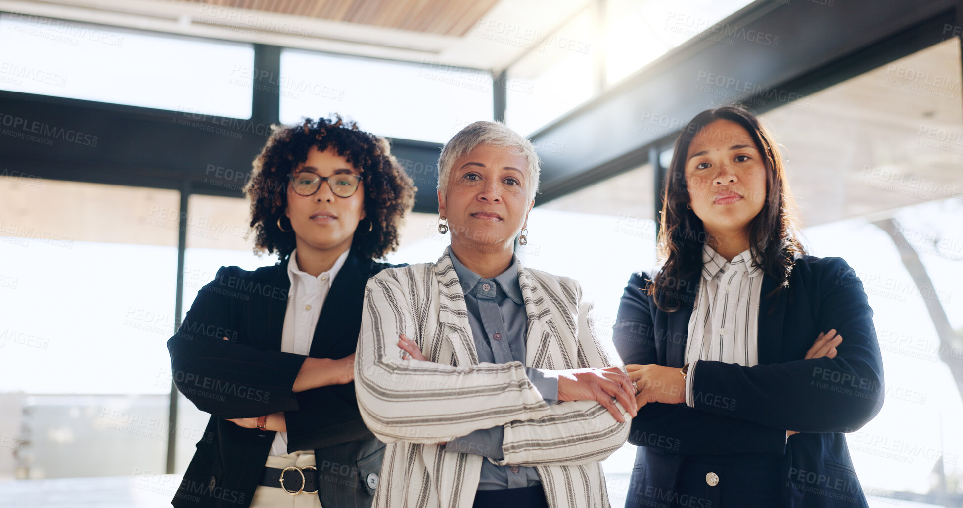 Buy stock photo Portrait, business and serious women in office for career pride, about us and real estate agent. Below, people and realtor team with leadership for property development, staff confidence and viewing