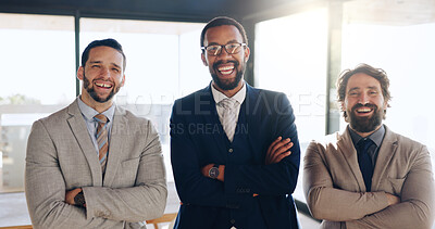 Buy stock photo Portrait, business and group of men in office for career pride, about us and real estate agent. Smile, people and realtor team with arms crossed for property development, staff confidence and viewing