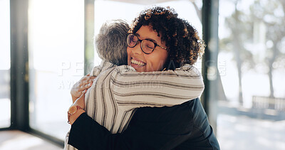 Buy stock photo Business women, hug and happy at office with welcome, promotion or congratulations for success. People, employee and friends with embrace, thanks and excited with goals by window at insurance agency