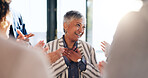 Celebration, clapping hands and business people in office with support for good news or job promotion. Happy, applause and female lawyer with team for achievement, goal or winning case in workplace.