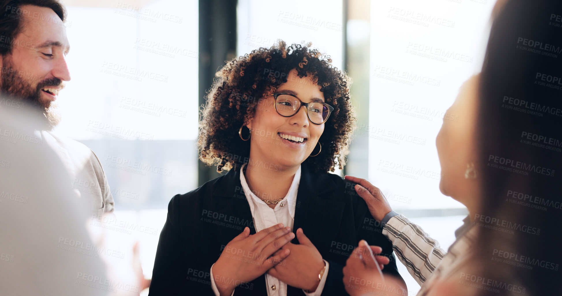 Buy stock photo Celebration, good news and business people in office with support for achievement or job promotion. Happy, clapping hands and lawyer with team for accomplishment, goal or winning case in workplace.