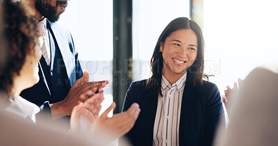 Buy stock photo Celebration, applause and business people in office with achievement, good news or job promotion. Happy, clapping hands and female lawyer with team for support, goal or winning case in workplace.