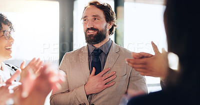 Buy stock photo Celebration, applause and business people in office with good news, achievement or job promotion. Happy, clapping hands and male lawyer with team for support, goal or winning case in workplace.