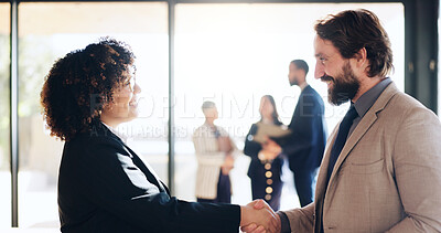 Buy stock photo Office, business people and smile with handshake for greeting, welcome or hello for proposal meeting. Boardroom, clients and startup manager shaking hands for introduction, b2b deal or agency advice