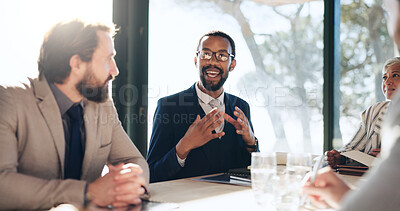 Buy stock photo Businessman, talk and explain at meeting in boardroom, review and legal support at company. Person, lawyer and advocate for feedback, consultation and advice for compliance at corporate law firm