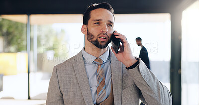 Buy stock photo Phone call, lobby and business man in office for discussion, online conversation and networking. Corporate, professional and person talking on smartphone for connection, contact and communication