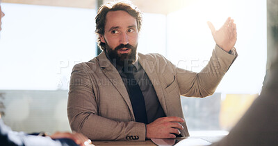 Buy stock photo Businessman, discussion and explain at meeting in boardroom for legal support at company. Person, corporate lawyer and advocate with feedback, consultation and advice for compliance at finance agency
