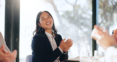 Buy stock photo Business woman, applause and meeting with smile for goals, excited and achievement at office. People, attorney and team in boardroom, thank you and celebration with success at corporate law firm