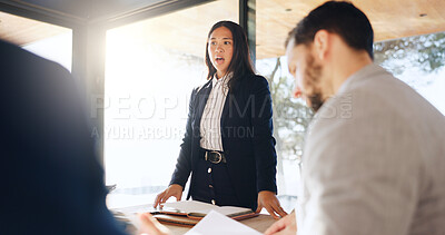 Buy stock photo Business woman, talk and presentation at meeting in boardroom, info or legal support at office. Person, team and insight for feedback, consulting or advice for compliance review at corporate law firm
