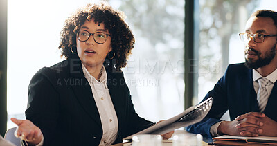 Buy stock photo Woman, meeting and explain document in office for planning, legal information and proposal. People, female lawyer and teamwork and paperwork for settlement, court case and feedback on trial procedure