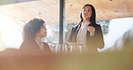 Presentation, woman and meeting with business people in office for property investor, planning or team. Real estate portfolio, partnership and discussion with employees in realtor agency for report
