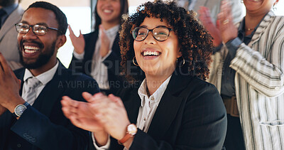 Buy stock photo Business woman, applause and happy crowd at legal conference, excited and announcement at office. People, attorney and team in audience, celebration and goals with success at corporate law firm