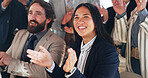 Business woman, applause and happy audience at legal conference, excited and announcement at office. People, attorney and team in crowd, celebration and goals with success at corporate law firm