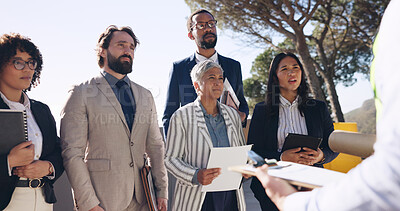 Buy stock photo People, outdoor and paper in meeting for business, discussion and urban development. Investment opportunity, developer, investor and speaker with documents for policy, checklist and architecture