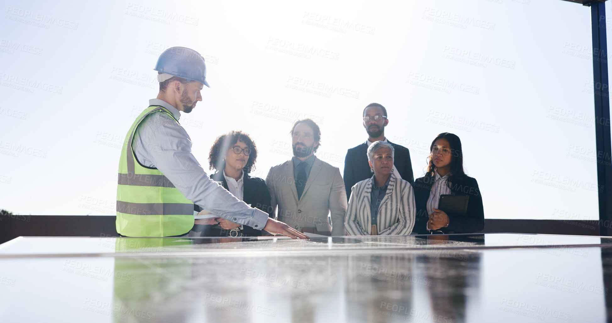Buy stock photo Meeting, solar panel and engineer with business people outdoor for photovoltaic, property and project. Technician prototype, realtor developer and group with power grid for renewable energy cell