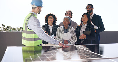 Buy stock photo Presentation, solar panel and engineer with business people outdoor for photovoltaic, property and project. Technician prototype, realtor developer and group with power grid for renewable energy cell