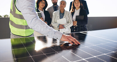 Buy stock photo Hand, solar panel and engineer with business people outdoor for photovoltaic, property and project. Technician prototype, realtor developer and group with power grid for renewable energy cell