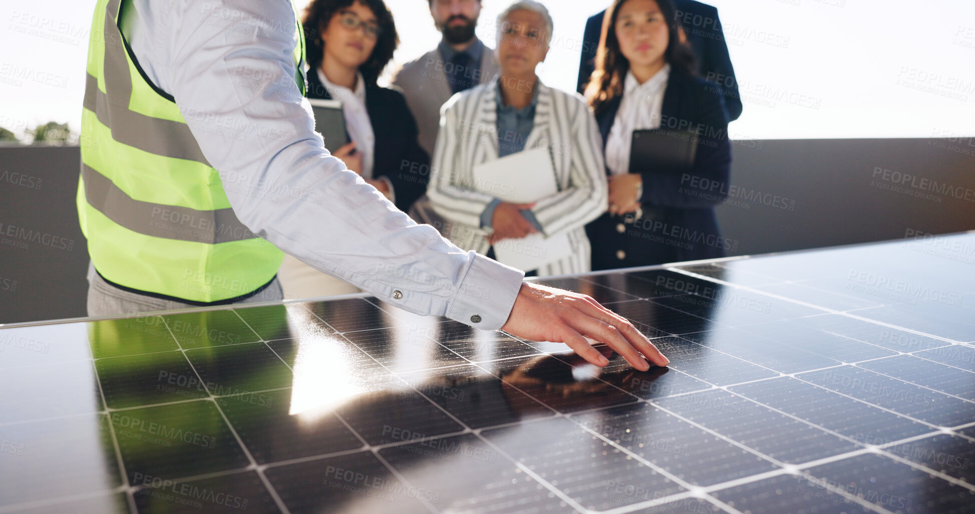 Buy stock photo Hand, solar panel and engineer with business people outdoor for photovoltaic, property and project. Technician prototype, realtor developer and group with power grid for renewable energy cell