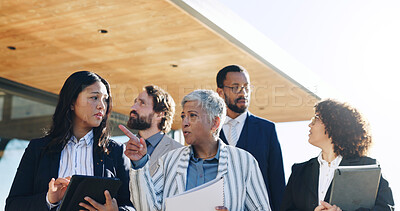 Buy stock photo Architecture, team and planning for project, outdoor or discussion for property development or talk. Collaboration, architect and people with ideas for real estate, brainstorming and colleagues