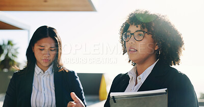 Buy stock photo Architecture, team and planning for project, talk or discussion for property development or outdoor. Collaboration, architect and people with ideas for real estate, brainstorming and colleagues