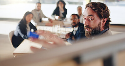 Buy stock photo Office, businessman and presentation with people for partnership, negotiation or proposal meeting. Whiteboard, clients and startup manager for strategy, workshop or creative agency advice or training