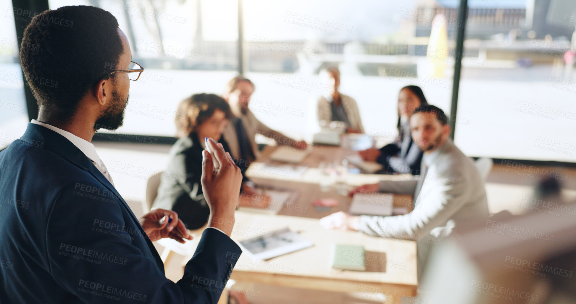 Buy stock photo Office, businessman and presentation with training for people, coaching or proposal meeting. Whiteboard, clients and back of manager for strategy, b2b deal or creative agency advice or planning