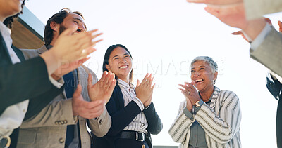 Buy stock photo Applause, outdoor and business people with celebration, good news and achievement in collaboration. Happy, clapping hands and corporate employees with goals, accomplishment or target together.