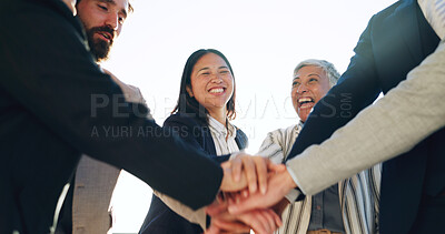 Buy stock photo Business people, hands stack and happy at office for motivation, goals and success at company. Men, women and circle with support, cheers and excited with team, smile and link at corporate law firm