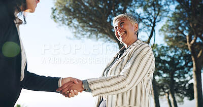 Buy stock photo Deal, handshake and meeting with business people outdoor for bonus, goals or target from below. Agreement, thank you and welcome with employee team shaking hands in park for achievement or promotion
