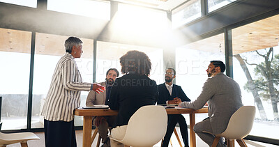 Buy stock photo Manager, speaker and meeting with business people in office for property investor, planning or team. Real estate portfolio, partnership and ceo discussion with employees in realtor agency for report