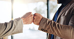 Agreement, deal and fist bump with business people in office for congratulations, goals or target. B2B, thank you and welcome with corporate employee in workplace for achievement, bonus or promotion