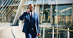 Phone call, suitcase and walking with business black man in city for international work travel. Airport, communication and luggage with happy employee outdoor on bridge for commute to destination