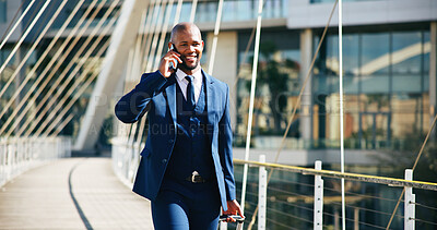 Buy stock photo Phone call, suitcase and walking with business black man in city for international work travel. Airport, communication and luggage with happy employee outdoor on bridge for commute to destination
