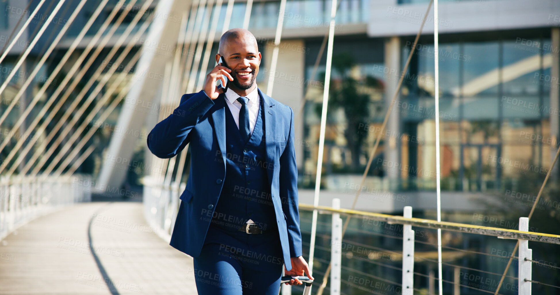 Buy stock photo Phone call, suitcase and walking with business black man in city for international work travel. Airport, communication and luggage with happy employee outdoor on bridge for commute to destination