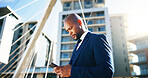 Corporate, phone and business black man in city for networking, contact and online connection. Reading, professional and person typing on smartphone for website, internet news and email in urban town