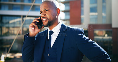 Buy stock photo Phone call, worry and business with black man in city for permit rejection, contact and property fail. Final notice, communication and anxiety with person outdoor for n real estate crisis and stress
