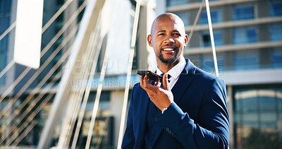 Buy stock photo Black man, business or city with speaker phone for financial advisor, audio message or response. Businessman, urban finance or discussion with smile on mobile smartphone for chat, voice note or app