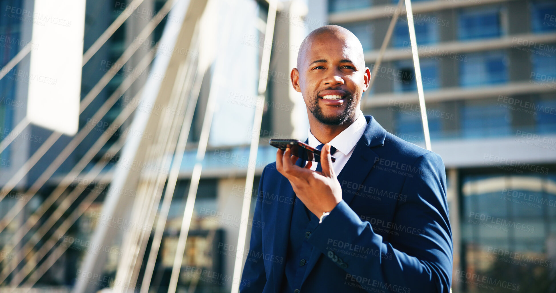 Buy stock photo Black man, business or city with speaker phone for financial advisor, audio message or response. Businessman, urban finance or discussion with smile on mobile smartphone for chat, voice note or app