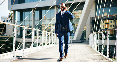 Buy stock photo Phone call, smile and walking with developer black man outdoor in city for commute or networking. Communication, contact and property development with happy realtor on bridge downtown for update
