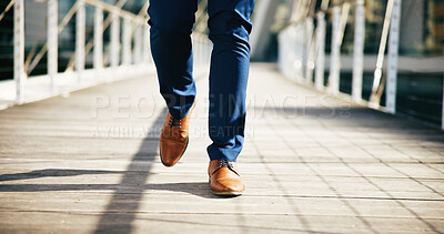 Buy stock photo Legs, business and man in city, shoes and formalwear with corporate professional, trader and suit. Closeup, person and employee with confidence, bridge and investor with stylish clothes and New York